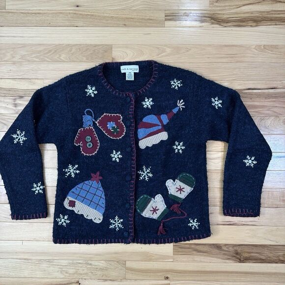 VTG Croft & Barrow Holiday Blue Sweater Mittens Snowflake Size Pro Petite Med - Picture 1 of 4
